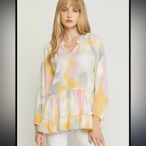 Entro Yellow, Blue Tired Ruffle Neck Blouse - Picture 1 of 6